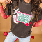 Charcoal cotton tee with pink, teal, white and red and "Howdy", cherries and a white and black checkered lightning bolt graphics.