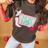 Charcoal cotton tee with pink, teal, white and red and "Howdy", cherries and a white and black checkered lightning bolt graphics.