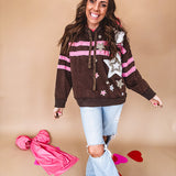 Charcoal hoodie with pink stripes, inside of hood and white and floral star patchwork throughout.