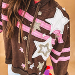 Charcoal hoodie with pink stripes, inside of hood and white and floral star patchwork throughout.