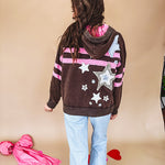 Charcoal hoodie with pink stripes, inside of hood and white and floral star patchwork throughout.