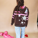 Charcoal hoodie with pink stripes, inside of hood and white and floral star patchwork throughout.