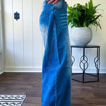 Panel Seam Jeans in Light. Featuring a bold wide-leg silhouette crafted from lightweight light denim, these jeans turn heads with their retro wash and striking contrast stitching and upside-down design at the leg openings.