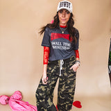 Long sleeved sheer red mesh with floral bundles throughout.