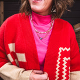 Red Geometric Pattern Open Cardigan