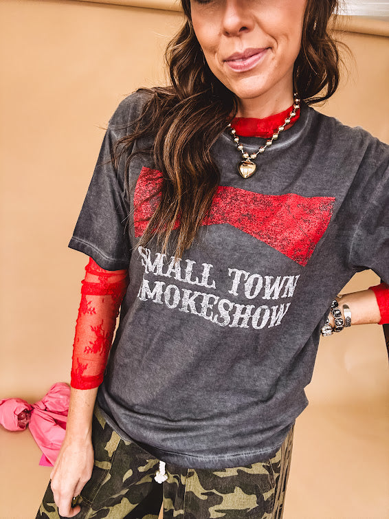 Long sleeved sheer red mesh with floral bundles throughout.