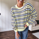 Butter yellow striped knit top with horizontal stripes in dark brown and light blue, a relaxed fit and square hem.