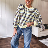 Butter yellow striped knit top with horizontal stripes in dark brown and light blue, a relaxed fit and square hem.