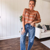 Lightweight, striped drop shoulder sweater tee in a soft sage or rust base  with warm stripes of light brown, taupe, and spice, and ribbed detailing at the neck, cuffs, and hem.
