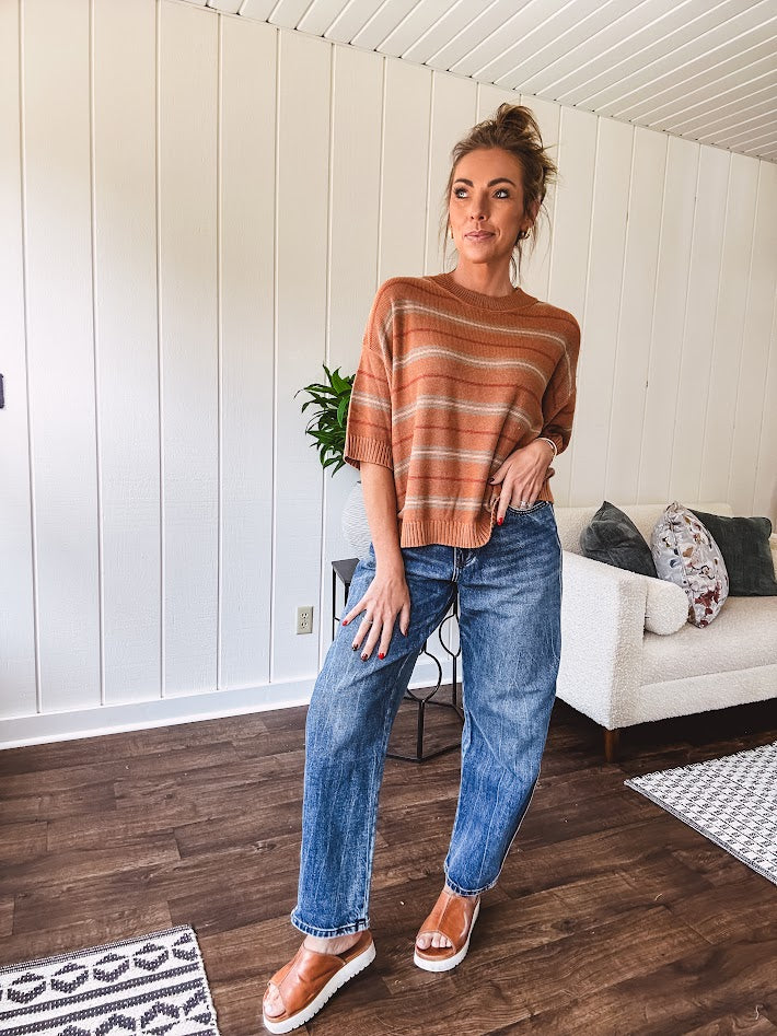 Lightweight, striped drop shoulder sweater tee in a soft sage or rust base  with warm stripes of light brown, taupe, and spice, and ribbed detailing at the neck, cuffs, and hem.