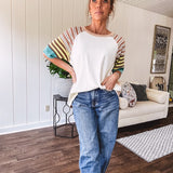 Stripe Mix Cotton Half Sleeve Top. Vibrant striping down the sleeves, exposed seams and a contrasting front and back color blocking, oversized fit and athleisure vibe.