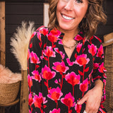 Black Blouse with Red & Magenta Flowers