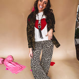 Mid rise dark taupe and black leopard print denim wide leg pants by Risen with minimal stretch.