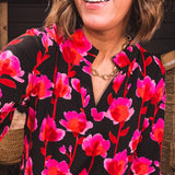 Black Blouse with Red & Magenta Flowers