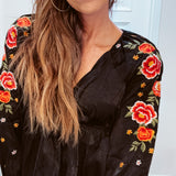 Black Silky Satin Embroidered Sleeve Babydoll Top