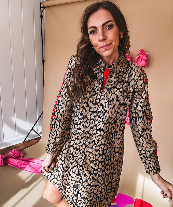 Red + Gold Metallic Leo Button Down Dress The Red Raccoon Red + Gold Metallic Leo Button Down Dress The Red Raccoon