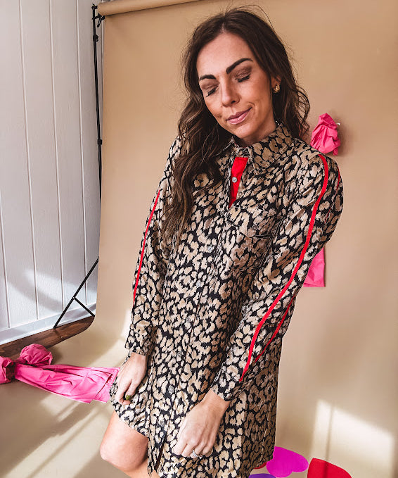 Red + Gold Metallic Leo Button Down Dress The Red Raccoon Red + Gold Metallic Leo Button Down Dress The Red Raccoon