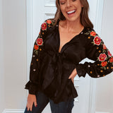 Black Silky Satin Embroidered Sleeve Babydoll Top