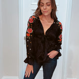 Black Silky Satin Embroidered Sleeve Babydoll Top