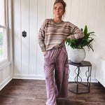 Multicolor striped textured sweater top in Sage, with Earth toned stripes, sage trim at the round neck, wide hem and cuffs and long sleeves.