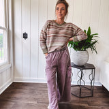 Multicolor striped textured sweater top in Sage, with Earth toned stripes, sage trim at the round neck, wide hem and cuffs and long sleeves.