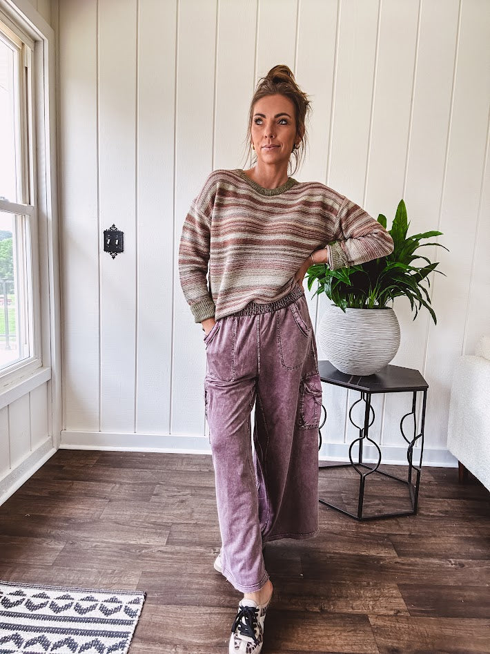 Multicolor striped textured sweater top in Sage, with Earth toned stripes, sage trim at the round neck, wide hem and cuffs and long sleeves.