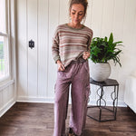 Multicolor striped textured sweater top in Sage, with Earth toned stripes, sage trim at the round neck, wide hem and cuffs and long sleeves.