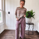 Multicolor striped textured sweater top in Sage, with Earth toned stripes, sage trim at the round neck, wide hem and cuffs and long sleeves.