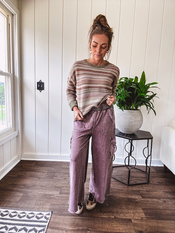 Multicolor striped textured sweater top in Sage, with Earth toned stripes, sage trim at the round neck, wide hem and cuffs and long sleeves.