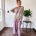 Multicolor striped textured sweater top in Sage, with Earth toned stripes, sage trim at the round neck, wide hem and cuffs and long sleeves.