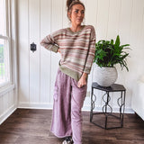 Multicolor striped textured sweater top in Sage, with Earth toned stripes, sage trim at the round neck, wide hem and cuffs and long sleeves.