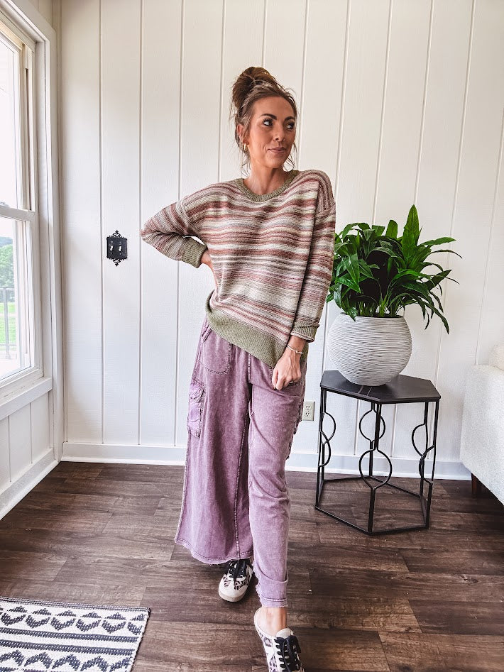 Multicolor striped textured sweater top in Sage, with Earth toned stripes, sage trim at the round neck, wide hem and cuffs and long sleeves.