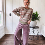 Multicolor striped textured sweater top in Sage, with Earth toned stripes, sage trim at the round neck, wide hem and cuffs and long sleeves.