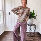 Multicolor striped textured sweater top in Sage, with Earth toned stripes, sage trim at the round neck, wide hem and cuffs and long sleeves.