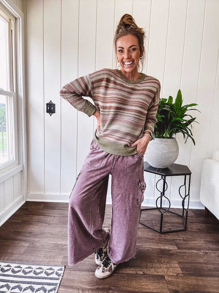 Multicolor striped textured sweater top in Sage, with Earth toned stripes, sage trim at the round neck, wide hem and cuffs and long sleeves.