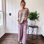 Multicolor striped textured sweater top in Sage, with Earth toned stripes, sage trim at the round neck, wide hem and cuffs and long sleeves.
