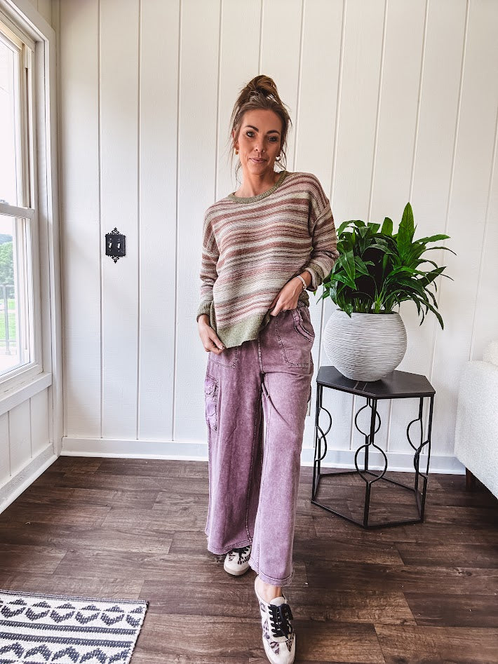 Multicolor striped textured sweater top in Sage, with Earth toned stripes, sage trim at the round neck, wide hem and cuffs and long sleeves.