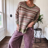 Multicolor striped textured sweater top in Sage, with Earth toned stripes, sage trim at the round neck, wide hem and cuffs and long sleeves.