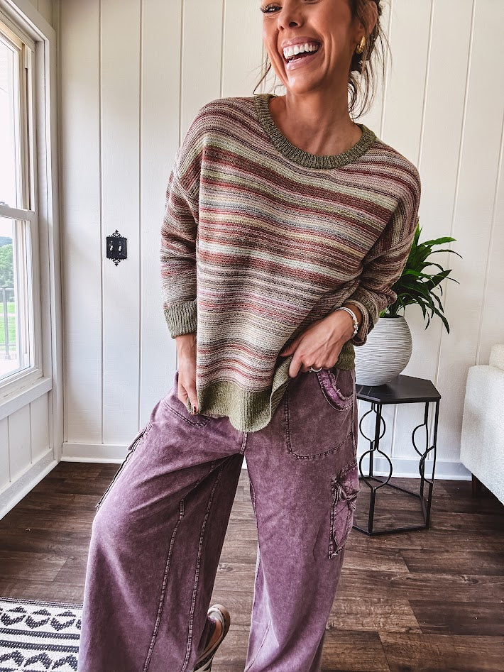 Multicolor striped textured sweater top in Sage, with Earth toned stripes, sage trim at the round neck, wide hem and cuffs and long sleeves.