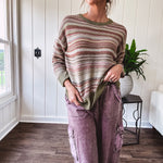 Multicolor striped textured sweater top in Sage, with Earth toned stripes, sage trim at the round neck, wide hem and cuffs and long sleeves.