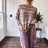 Multicolor striped textured sweater top in Sage, with Earth toned stripes, sage trim at the round neck, wide hem and cuffs and long sleeves.