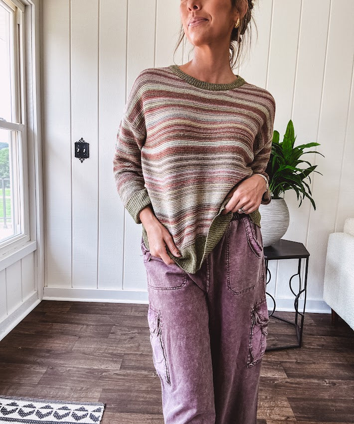 Multicolor striped textured sweater top in Sage, with Earth toned stripes, sage trim at the round neck, wide hem and cuffs and long sleeves.