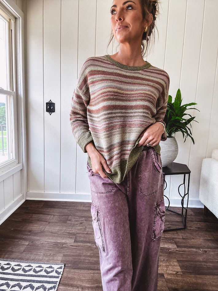 Multicolor striped textured sweater top in Sage, with Earth toned stripes, sage trim at the round neck, wide hem and cuffs and long sleeves.