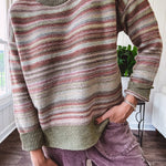 Multicolor striped textured sweater top in Sage, with Earth toned stripes, sage trim at the round neck, wide hem and cuffs and long sleeves.