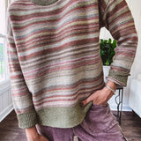 Multicolor striped textured sweater top in Sage, with Earth toned stripes, sage trim at the round neck, wide hem and cuffs and long sleeves.