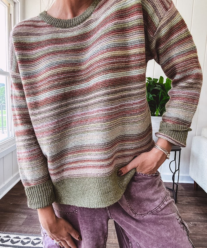 Multicolor striped textured sweater top in Sage, with Earth toned stripes, sage trim at the round neck, wide hem and cuffs and long sleeves.