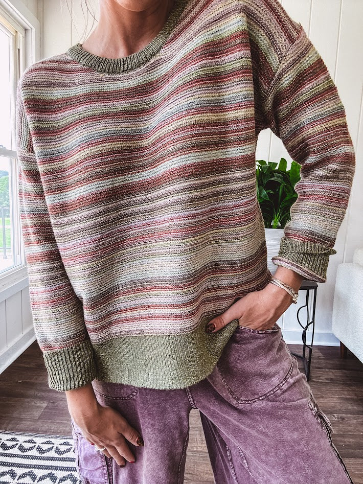 Multicolor striped textured sweater top in Sage, with Earth toned stripes, sage trim at the round neck, wide hem and cuffs and long sleeves.