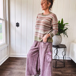Multicolor striped textured sweater top in Sage, with Earth toned stripes, sage trim at the round neck, wide hem and cuffs and long sleeves.