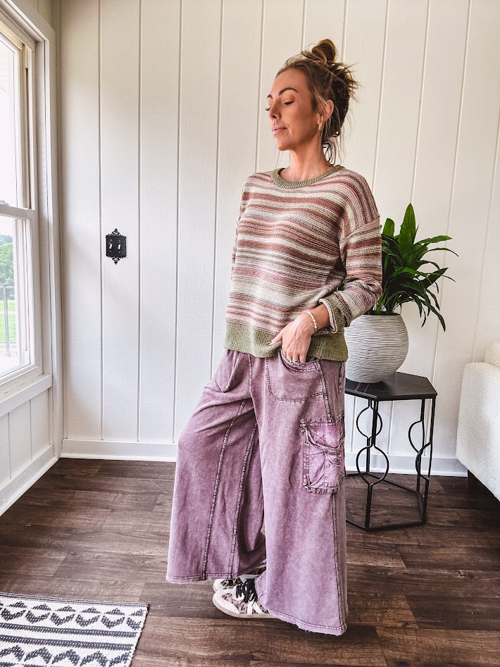 Multicolor striped textured sweater top in Sage, with Earth toned stripes, sage trim at the round neck, wide hem and cuffs and long sleeves.