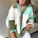 Woven knit button down cardigan with color block patchwork in either mint and green or yellow and taupe.